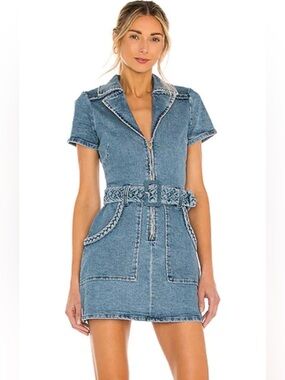 Show Me Your MuMu Blue Denim Outlaw Zip-Front Mini Dress with Braided Belt